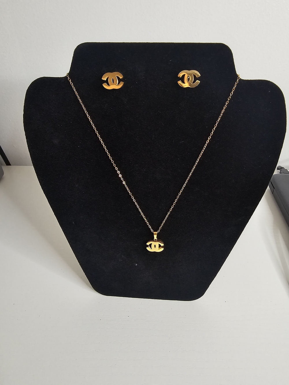 Stainless Steel Gold Tone CC Logo Necklace and Stud Earring Set